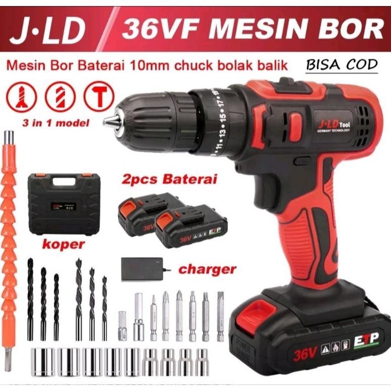 JLD 36Vf Mesin bor baterai 10mm besi tembok beton kayu impact bor cordless