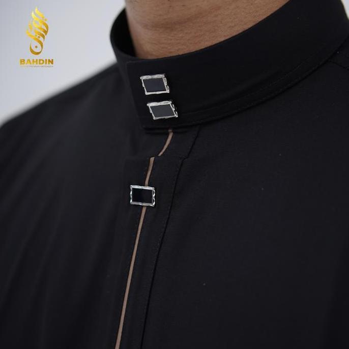MURAH LEBAY Bahdin Gamis Pria Lengan Panjang Kerah Bulat Premium Motif Aplikasi Garis Hitam Jubah Mu