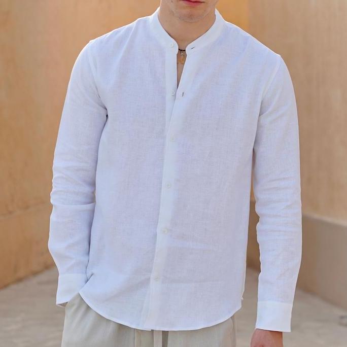 REMEDY Kemeja Linen Pria Lengan Panjang Kerah Koko / Shanghai Pilihan Warna Ungu Muda Krem Putih Bir