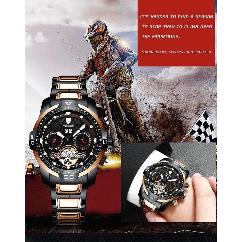 Jam Tangan Pria Eksklusif Full Automatic Tevise Chronograph Tourbillion Original Stainless Steel Tah