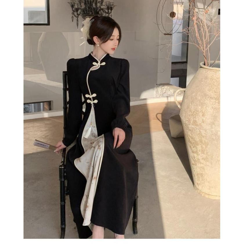 Elegant Oriental Dress - Sentuhan Cheongsam Modern Dress Cina Elegan - dress hitam long dress cheong