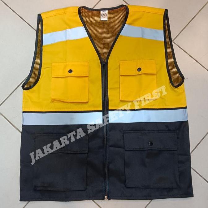 Rompi Safety Kombinasi Kuning Hitam / Rompi Drill Kuning 4 Kantong