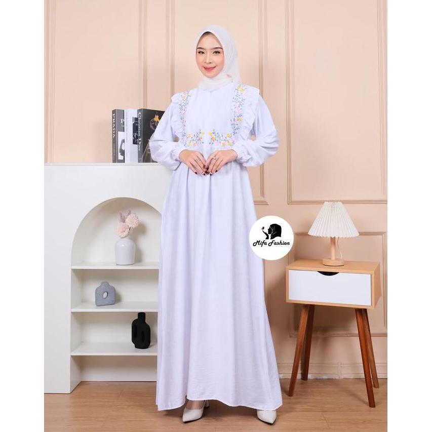 READY Zora Gamis Putih Hitam Wanita Bordir Bunga Terbaru Elegan Simple Dress Kondangan Dewasa Muslim