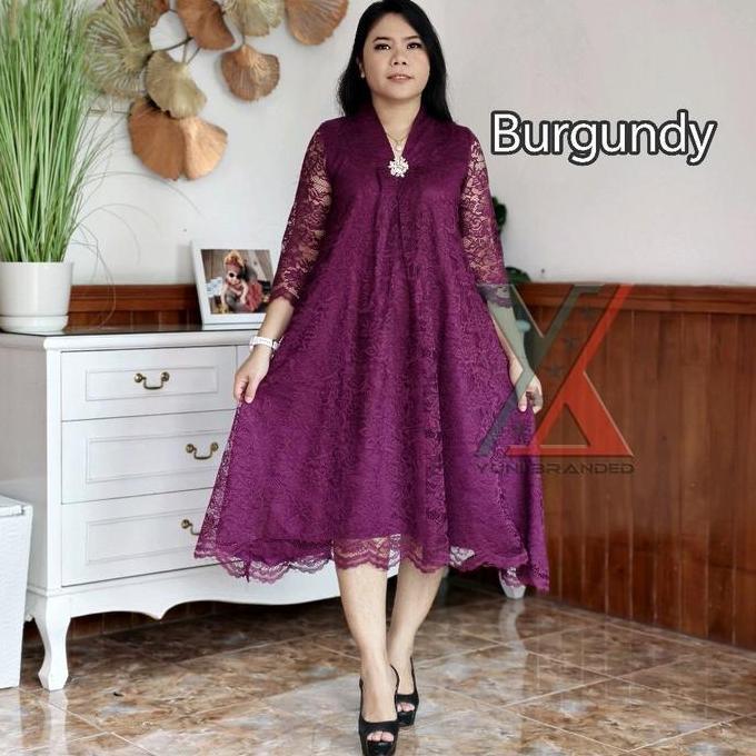 Ryuca - Dress Pesta Brukat Silvana Wanita Gaun  Brokat V-Neck A-Line