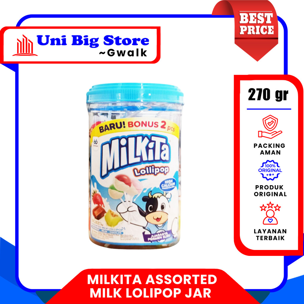 MILKITA ASSORTED MILK LOLIPOP JAR PERMEN SUSU TOPLES ~ 270 gr