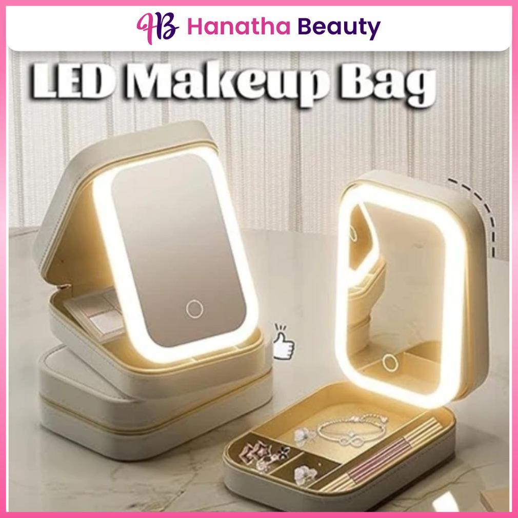 Tas Makeup Lampu 3 Warna Lampu Rias Mini Lipat Makeup Beauty Case Full Mirror Tas Makeup Lampu LED