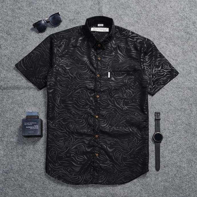 Kemeja Embos Sultan Pria Lengan Pendek Hitam Yakuza Casual Slimfit LA