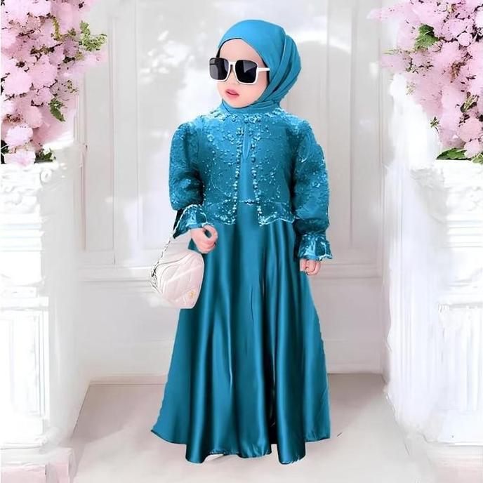 DI42 - Gamis Anak 2 tahun Keyla Dress Brukat Anak Dress Brukat Lebaran Anak Warna Emerald Blue Viral