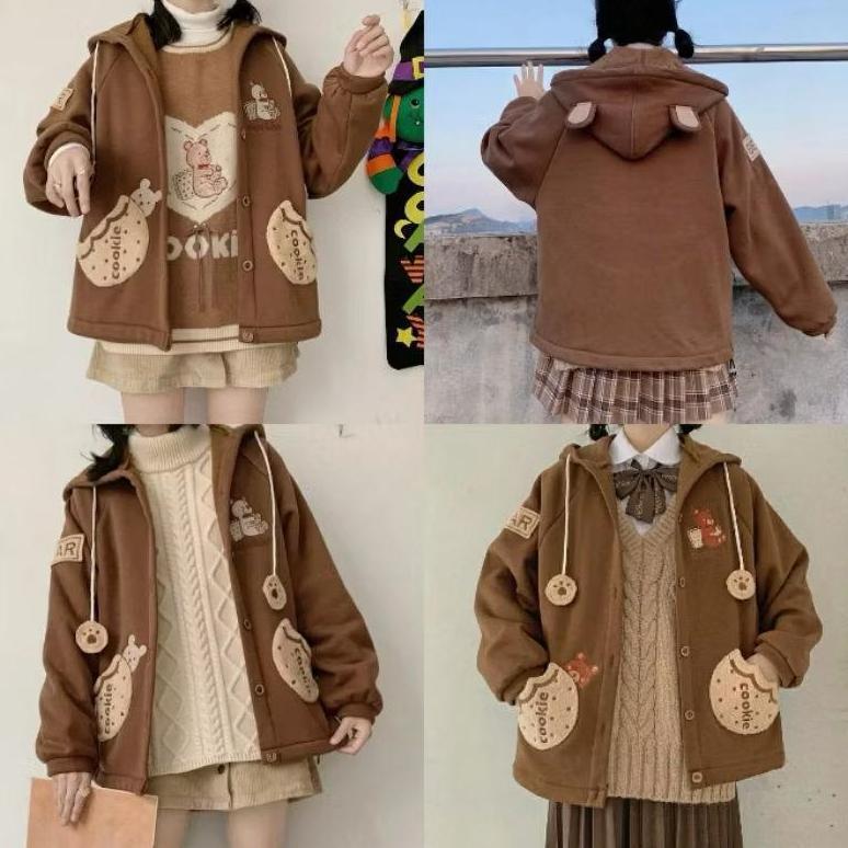 NEW DEALS JAKET LUCU WANITA KOREA - COOKIE BEAR BUTTON - JACKET HOODIE TEBAL