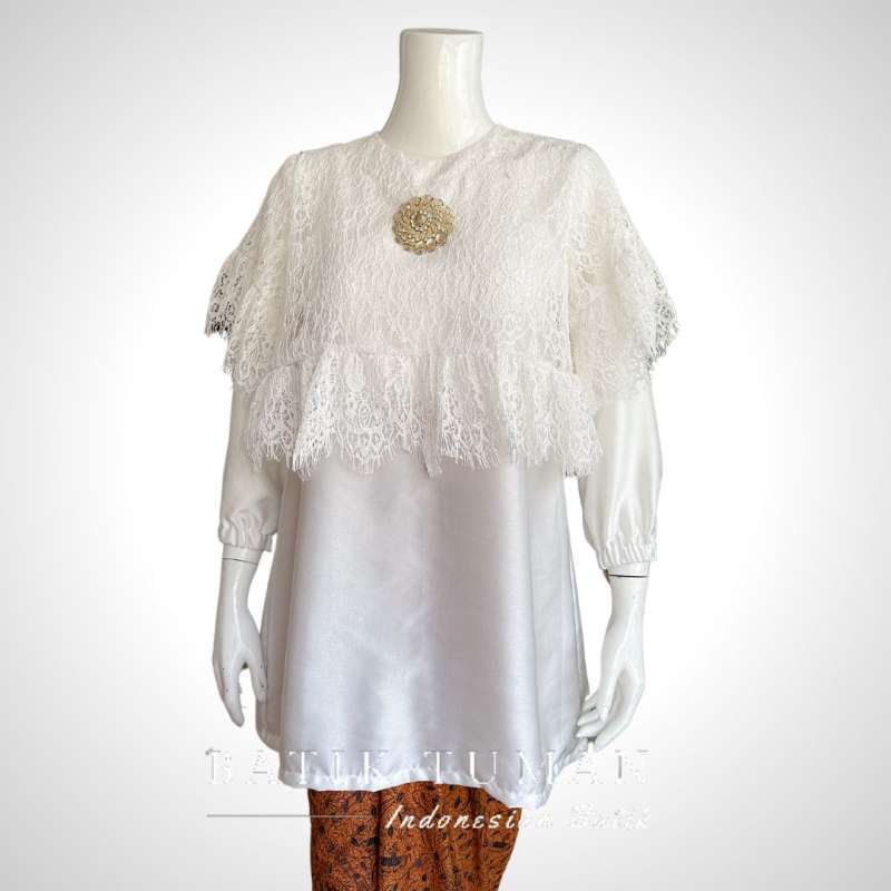 Zalina Tunic Blouse Brokat Broken White Baju Hari Raya Lebaran Bahan Broklat Lace Maxmara Warna Puti