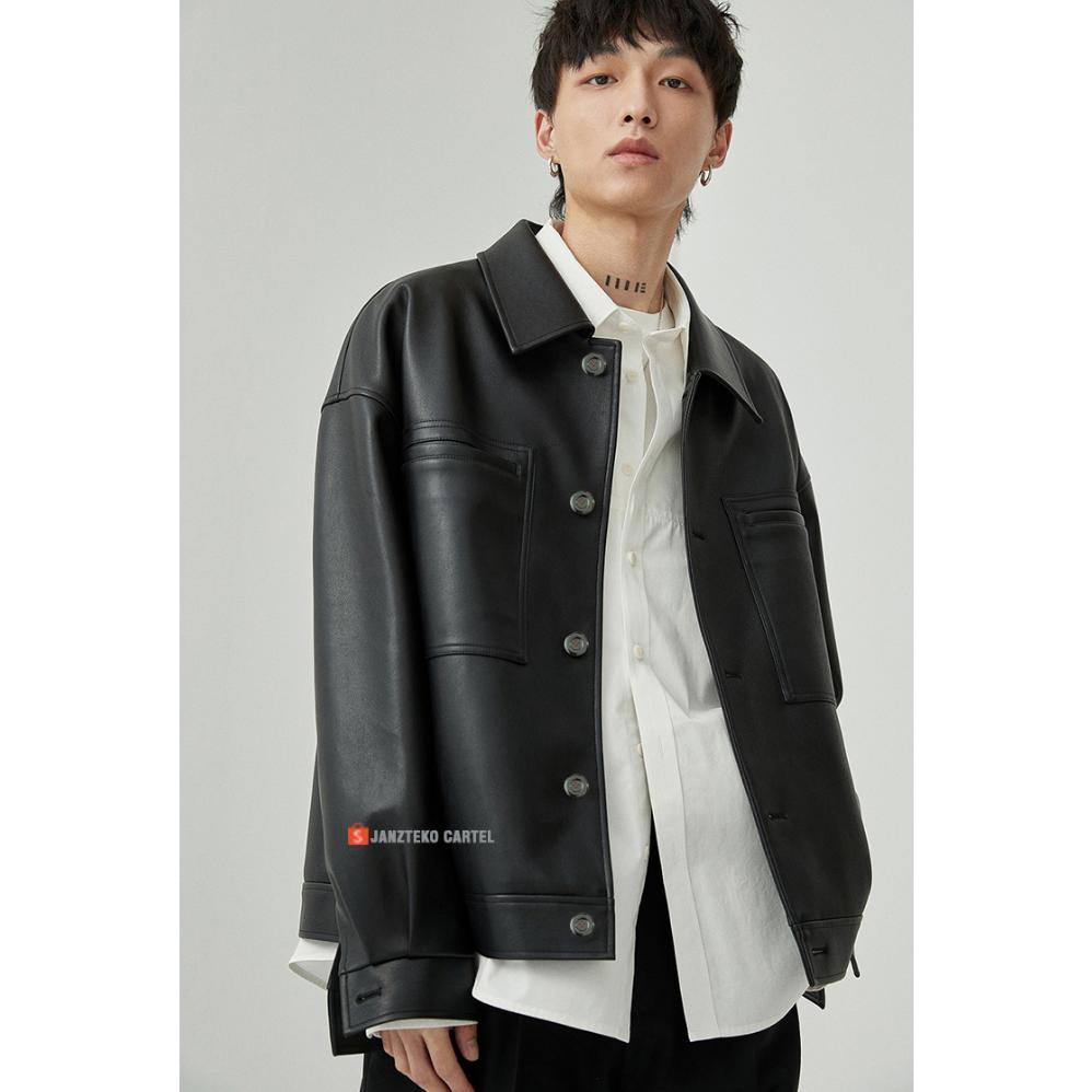 Sale JNK x MAURO - Jaket Kulit Imitasi Pria Hitam Coklat Overisze Ukuran Besar Leather Jacket Premiu