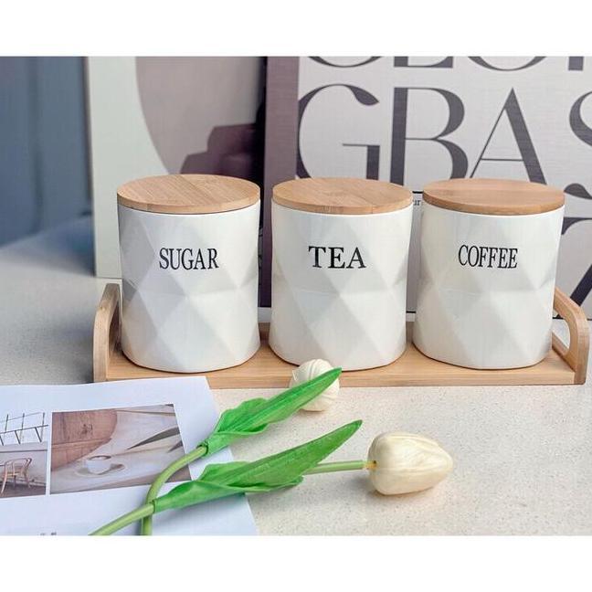 Ms Toples Kopi Teh Gula Canister Tempat Penyimpanan Kopi Keramik 1 Set 3Pcs Dengan Tatakan