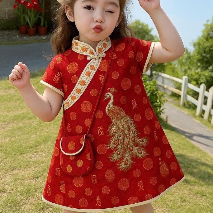 Dress Cina Cheongsam Motif Burung Merak Anak Perempuan Lucu/Baju Cina Dress Anak Model Terbaru Fashi