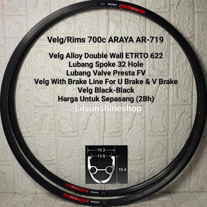 Velg Rim 700c ARAYA 32H AR719 Double Wall Brake Line FV Full BLACK Rims 700 Sepeda Roadbike Fixie Ju