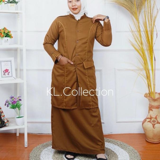 Termurah / Hot Sale Setelan Tunik Pdh Khaki Tua Pns Wanita Setelan Pemda Wanita Modelan Saku Depan