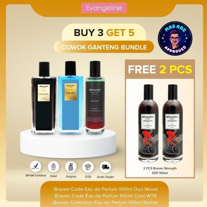 COGAN BUY 3 GET 5Cowok Ganteng Bundle | Braven Eau De Parfum 100ML - Cool WTR - Barber - Oud Wood - 