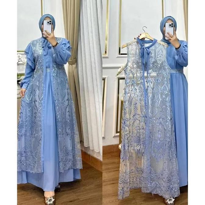 GAMIS ROMPI TERPISAH NABILA DRESS BAHAN CERUTY SET BRUKAT ROMPI MAHOGANY DRESS LEBARAN VIRAL