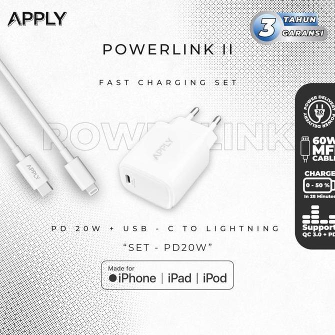 [GARANSI 3 TAHUN] Apply - MFI POWERLINK II - 1 Set Charger iPhone PD20W + MFI Cable Lightning 60W Fo