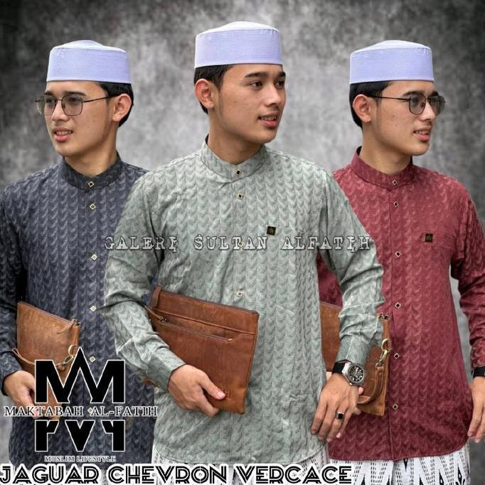 Alfatih - Baju Koko Sultan Vercace Kemko Sultan Embos Jaguar Koko Pria Katun Putih Navy Hitam Motif 