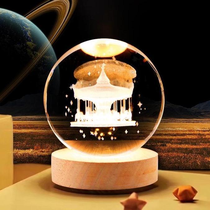 BLOCHEA Lampu Crystal Mini 3D Carousel Komedi Putar Lampu Tidur Aesthetic Lampu Hias USB Hadiah Kado