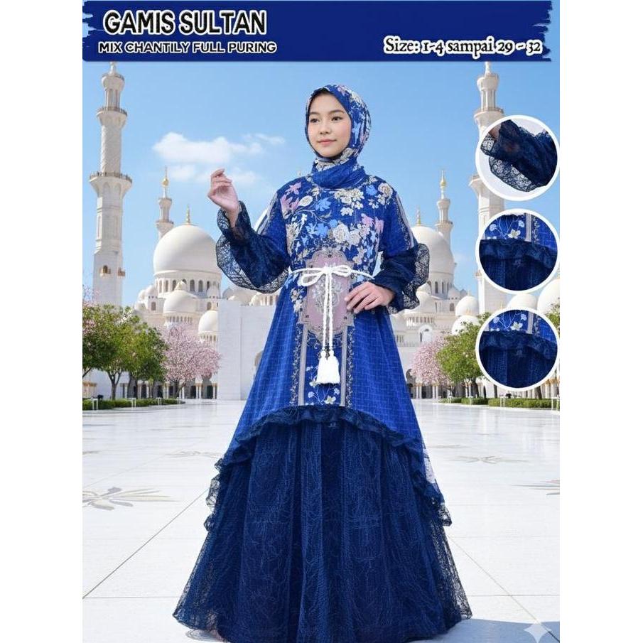 Gamis Raya Sultan Mix Chantily Full Puring  Free Belt Anak Perempuan Usia 3 - 12 Tahun  / Baju Gamis
