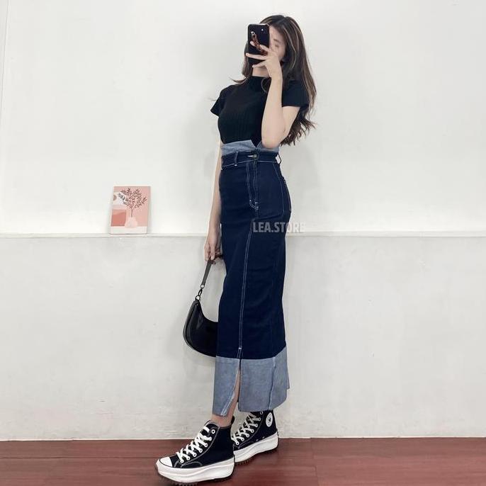 ERZA SKIRT JEANS/ ROK JEANS HIGH WAIST WANITA Panjang Hitam /LEA STORE