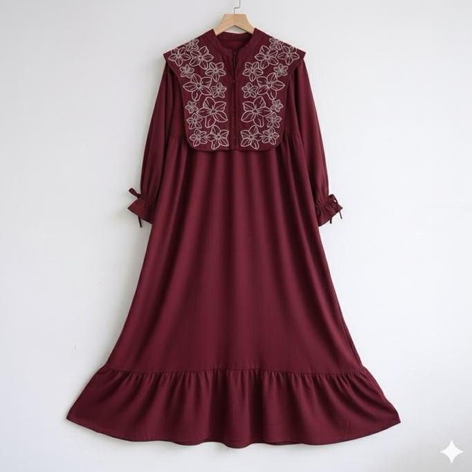 Gamis Anak Perempuan - Gamis Bordir Floral Kerah Rebah Ruffle Mewah