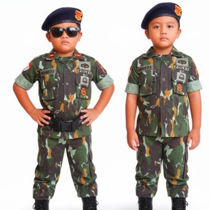 Baju Polisi Brimob Loreng Kostum Anak Ripstop Twill Komplit Emblem Pluit Talikur Baret Size XS-XXL
