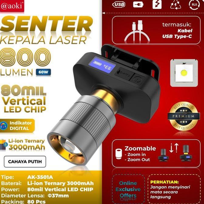 Raito- Senter Kepala Zoom Aoki Ak-3675A 60W Pro 1000 Lumen - Tahan Lama - Zoom Jarak Jauh