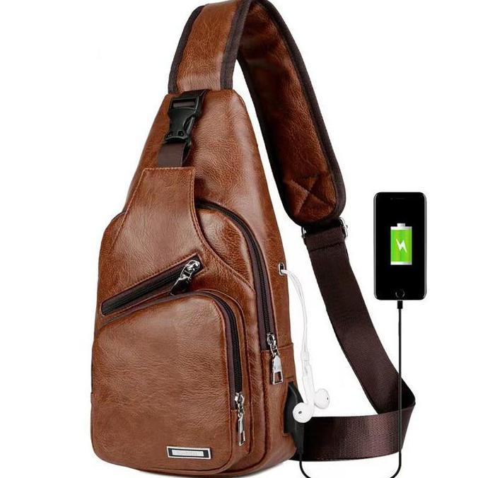 Gabrim- Selempang Kulit Pria Tas Hp/Tas Dada Usb/Sling Bag Usb Kulit/ Tas Pinggang Waistbag Casual W
