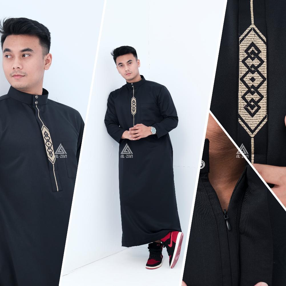 TERMURAH Jubah pria muslim gamis pria muslim lengan panjang bordir jubbah dewasa katun toyobo hitam 