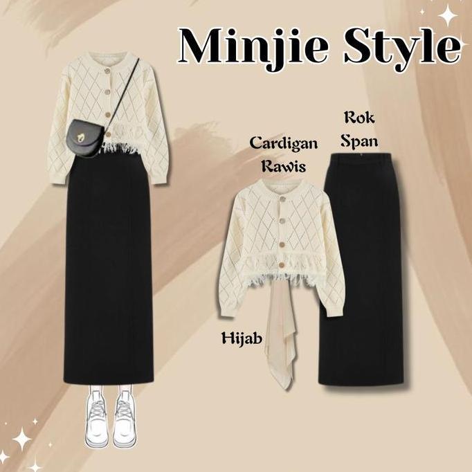Setelan One Set Kekinian ( Cardigan Rawis + Rok Span + Hijab ) Ootd Korean Style