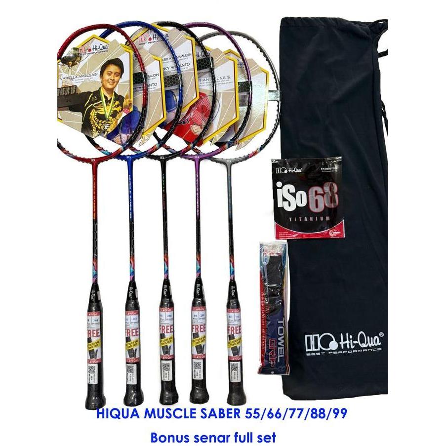 Raket Badminton Bulutangkis Hq Hi-Qua Muscle Saber 55/66/77/88/99 Bonus Senar Tas Grip Kuat 32Lbs