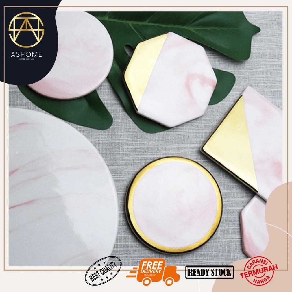 Tatakan Gelas Keramik Motif Marble dengan List Gold / Elegant Coaster Marble With Gold / Tatakan Gel