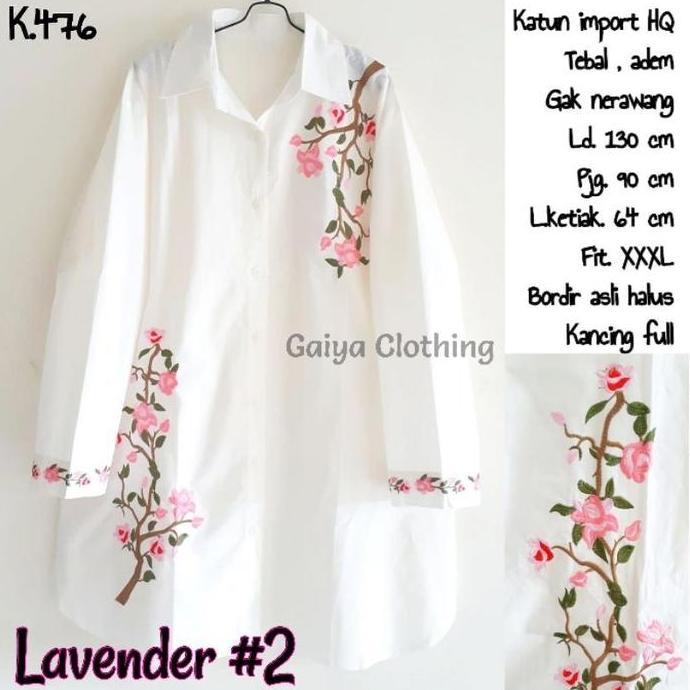 KEMEJA TUNIK JUMBO KATUN BORDIR BUNGA WANITA WHITE SERIES LD. 130 LAVENDER JUMBO Putih Baju Atasan M