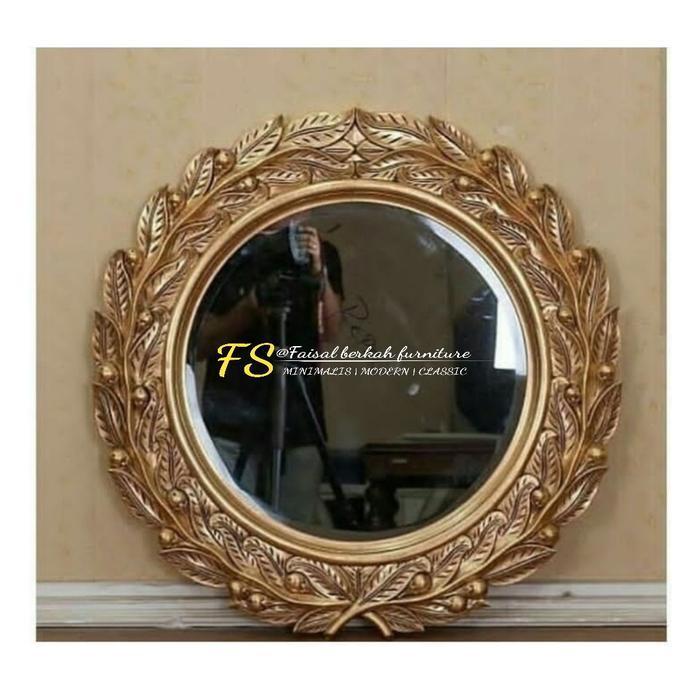 cermin hias ukiran mewah cat duco emas,cermin dinding bulat kayu jati