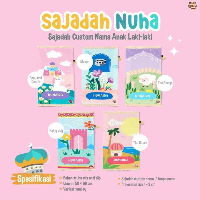 Sajadah Nuha Anak Custom Nama Sablon Motif Sajadah Printing Anti Slip Muslim Bahan Silky Scuba Mix A