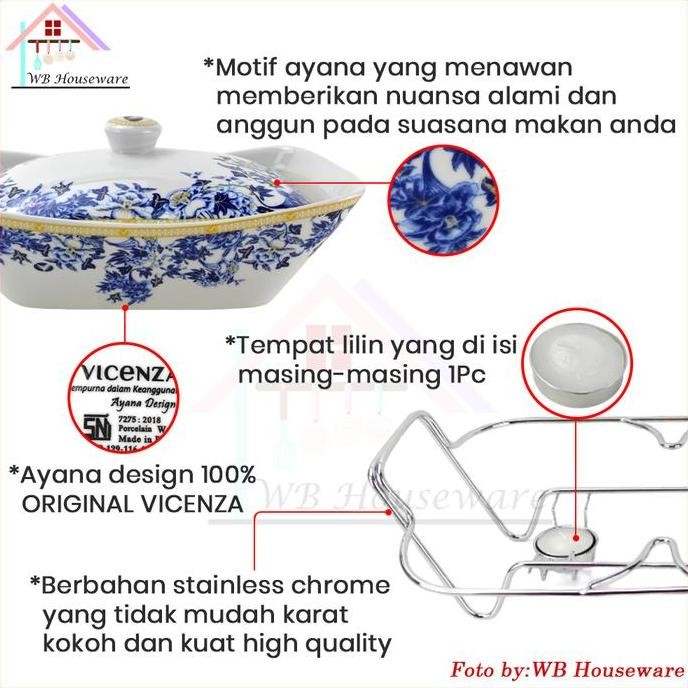 Vicenza Wadah Saji Set Isi 3 + Rak Motif Ayana / Pemanas Makanan / Casserole Food Warmer Keramik Ba-