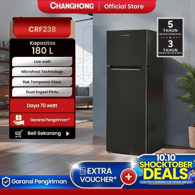 Promo CHANGHONG Kulkas 2 Pintu 180L Black CRF-238 COD