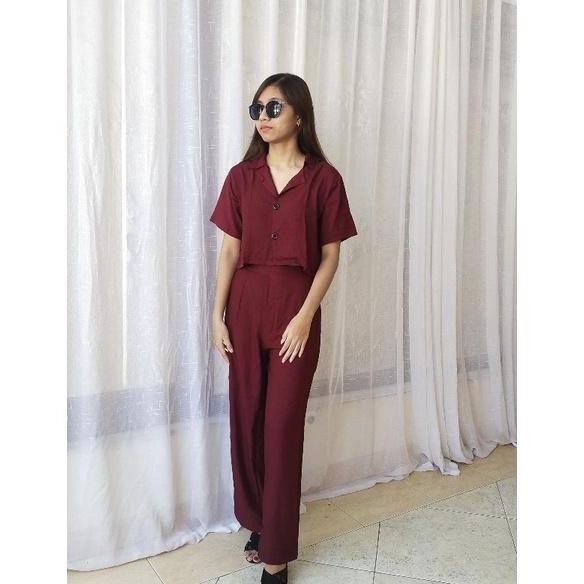 Promo One Set Crop Kancing Celana Panjang Rayon Premiun Bali Lengan Pendek Cod