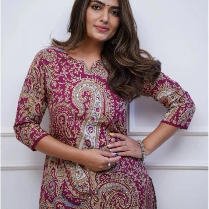 Promo Laqueens Nermosa Set Kurta Baju India Motif Ethnic Print Viscose Rayon One Set Remaja Wanita D