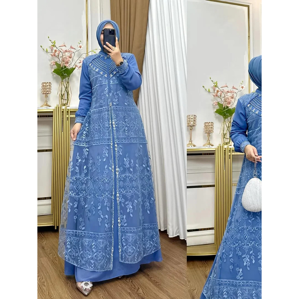 Aqila Dress  Bahan : Ceruty Babydoll Mix Brukat Full Puring Aplikasi Payet Gamis Kondangan Mewah ELF