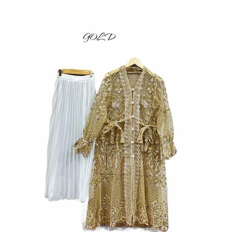 Promo Outer Tile Rensi Bahan Tile Two Tone Atasan Bordir Wanita Kancing Cod