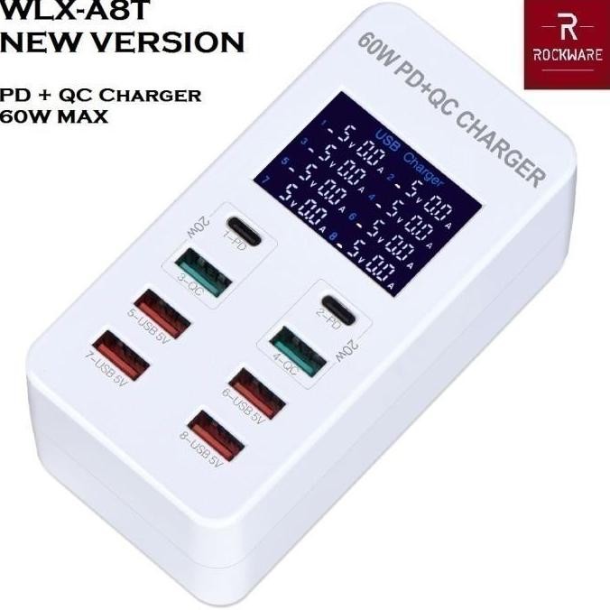Awafash- ROCKWARE WLX-A8T 60W TOTAL - Smart Charging Station 8-Port - PD QC3.0