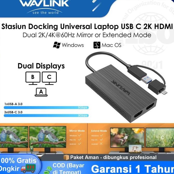 BECQUEREL- WAVLINK USB-C/A to Dual HDMI Adapter 2K Monitor for MacBook/Windows/Computer atau Laptop 