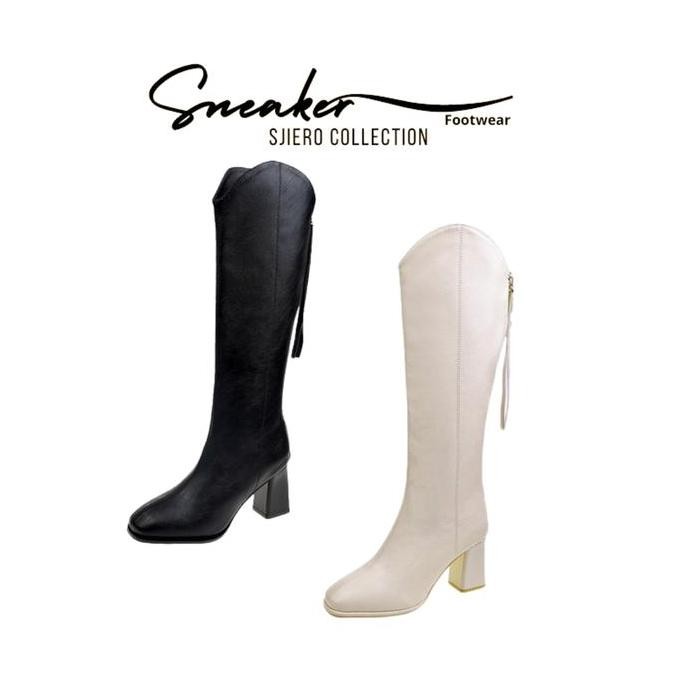 Sepatu Boots Panjang Hak tinggi wanita Fashion shoes SFW 285 tapak karet warna putih dan hitam