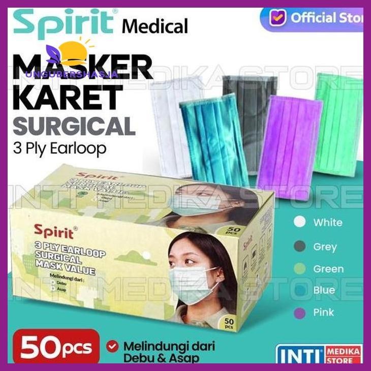 (ORIGINAL) SPIRIT - MASKER KARET EARLOOP 3PLY MEDIS | SURGICAL MASK BOX ISI 50PCS KESEHATAN PERLENGK