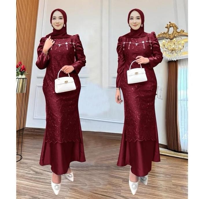 DF315>> Maxi Nadira ( M L XL XXL ) Gamis pesta Model terbaru bahan satin enak di pakai kombi tile mu