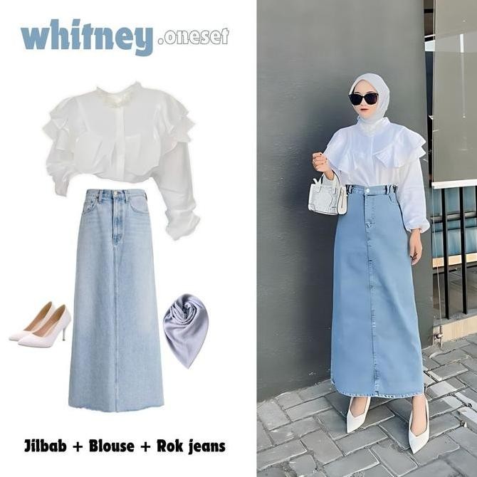 DT12 >> 3in1 One set wanita baju atasan blouse putih lengan panjang rempel ruffle rok jeans panjang 
