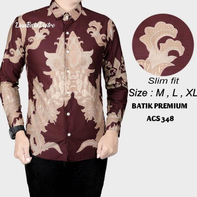 Kemeja Batik Pria Slim Fit Baju Batik Pria Slim Fit Lengan Panjang Merah Gold Acs 348